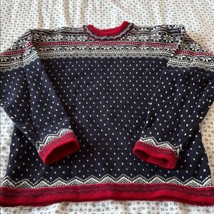Lands' End Navy and Red Patterned Crew Neck Sweater